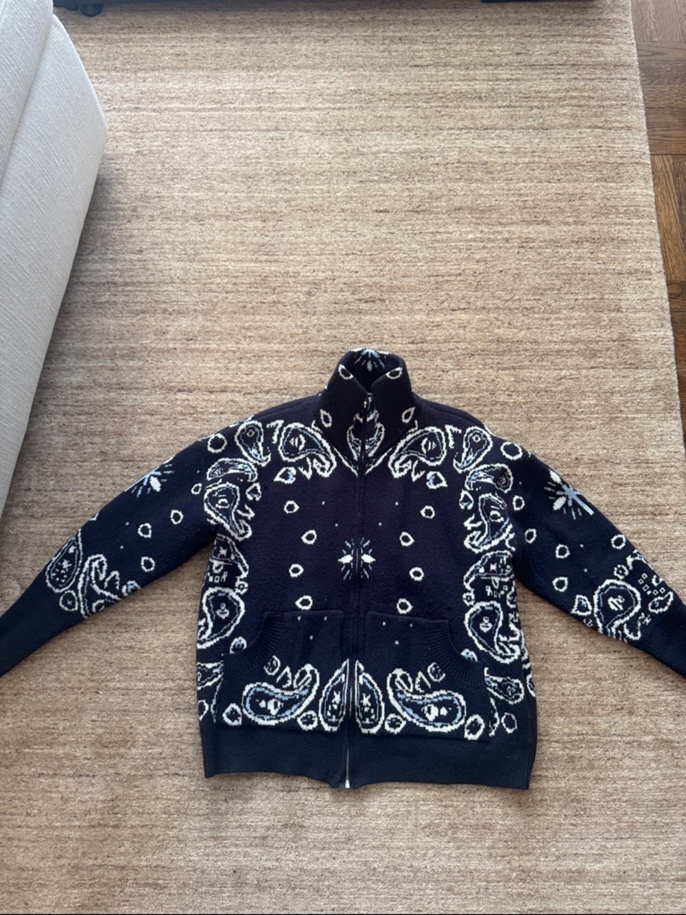 Navy Zip-Up Knit Cardigan with White Bandana Print